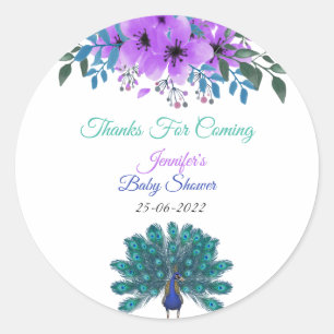 Green and Blue Peacock Purple Watercolor Flowers Classic Round Sticker