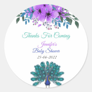 Green and Blue Peacock | Purple Watercolor Flowers Classic Round Sticker