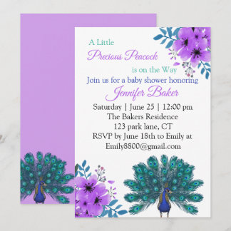 Green and Blue Peacock | Purple Watercolor Flowers Invitation