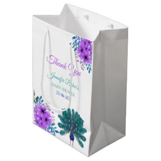 Green and Blue Peacock | Purple Watercolor Flowers Medium Gift Bag