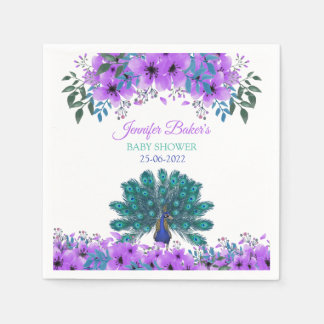 Green and Blue Peacock | Purple Watercolor Flowers Napkin