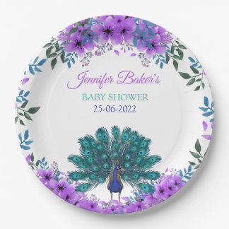 Green and Blue Peacock | Purple Watercolor Flowers Paper Plate