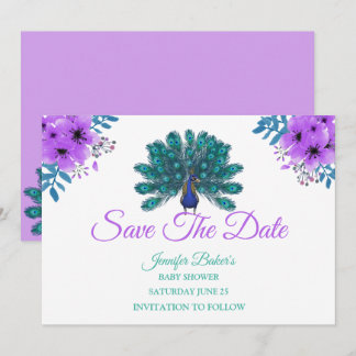Green and Blue Peacock | Purple Watercolor Flowers Save The Date