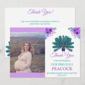 Green and Blue Peacock | Purple Watercolor Flowers Thank You Card