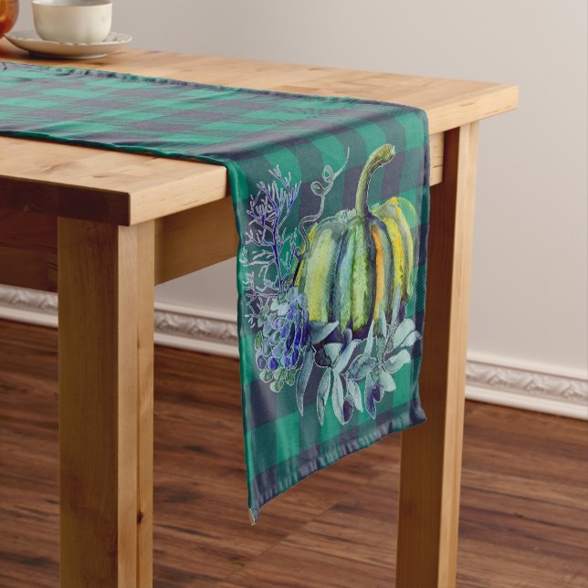 Green and Blue Plaid Pumpkin Table Runner (In Situ)