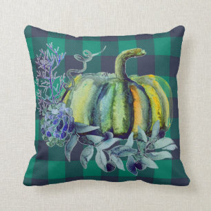 Green and Blue Plaid Pumpkin Throw Pillow