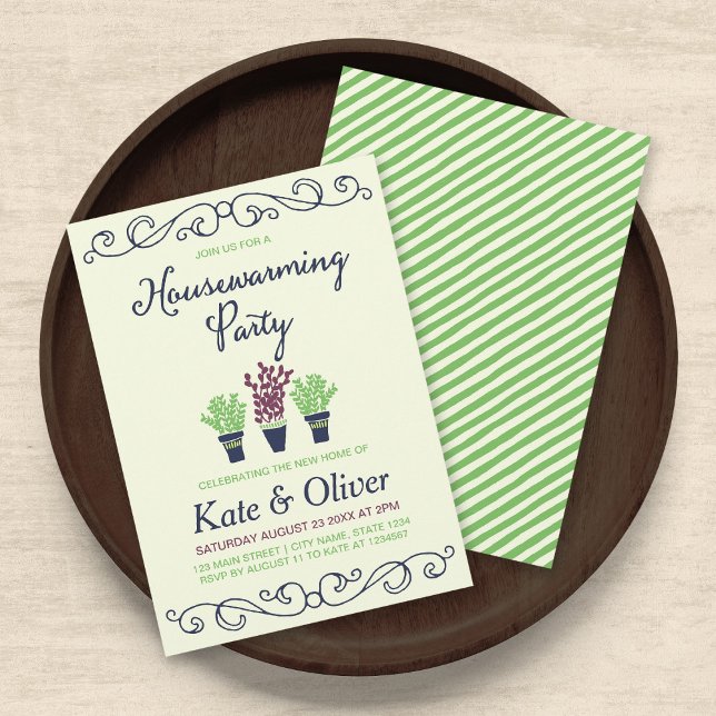 Green and Blue Potted Plants Housewarming Party Invitation (Creator Uploaded)