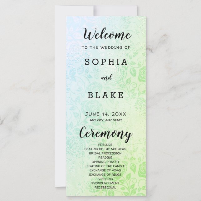 Green and Blue Roses Wedding Program (Front)