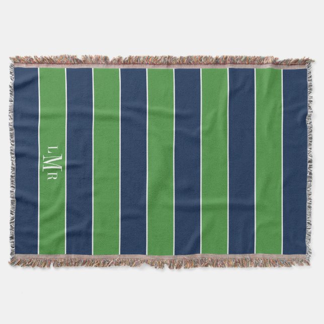 Green and Blue Rugby Stripes 3 Letter Monogram Throw Blanket (Front)