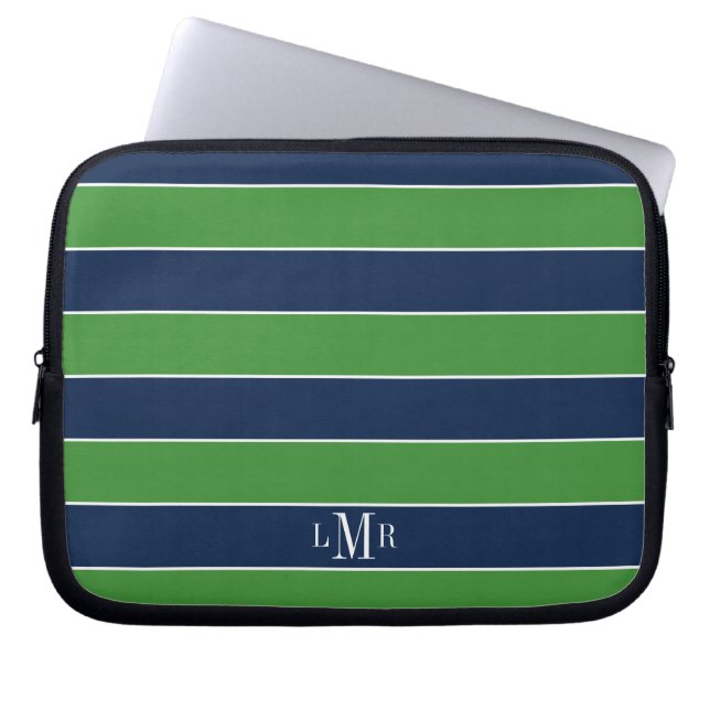 Green and Blue Rugby Stripes Monogrammed Laptop Sleeve (Front)