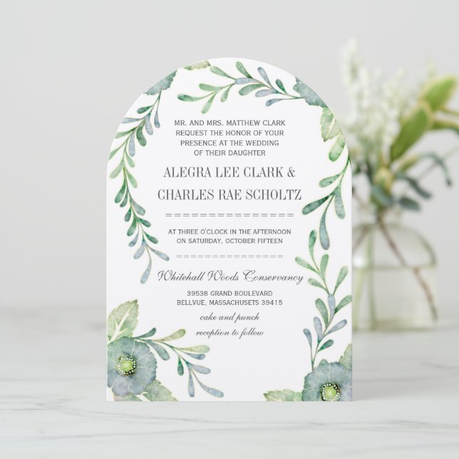 Green and Blue Rustic Floral Watercolor Wedding Invitation (Standing Front)