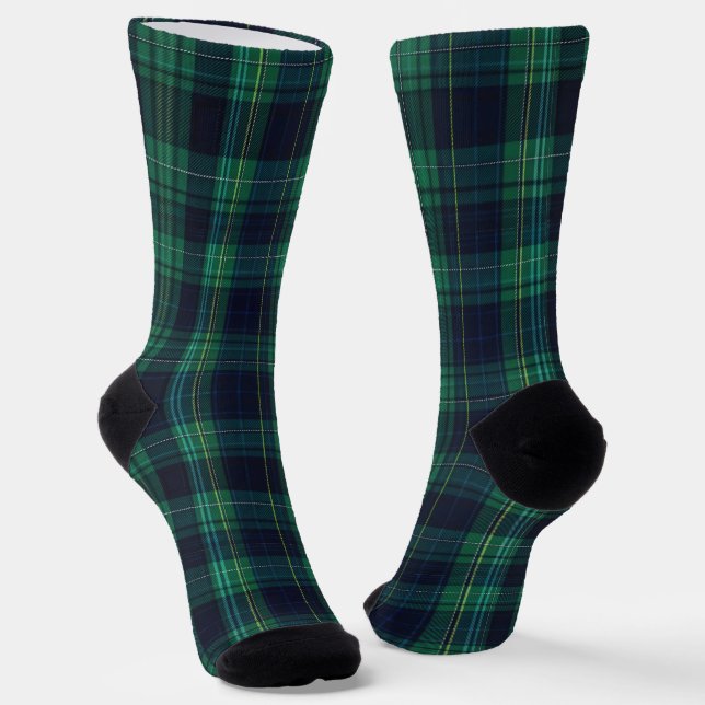 Green and Blue Scottish Tartan Plaid Socks (Angled)