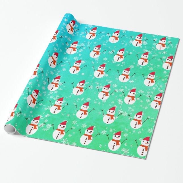 Green and Blue Snowman with snow Christmas Wrapping Paper (Unrolled)