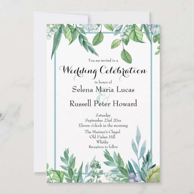Green and Blue Spring Foliage Wedding Invitation (Front)