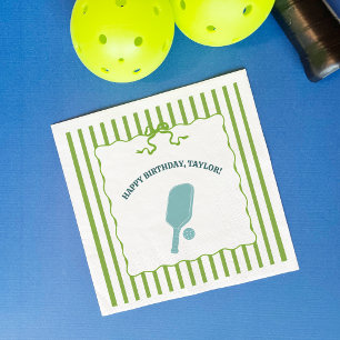 Green and Blue Striped Pickleball Birthday Party Napkin