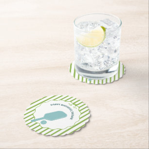 Green and Blue Striped Pickleball Birthday Party Paper Coaster