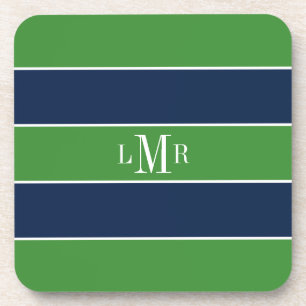 Green and Blue Stripes and Monogram Coaster