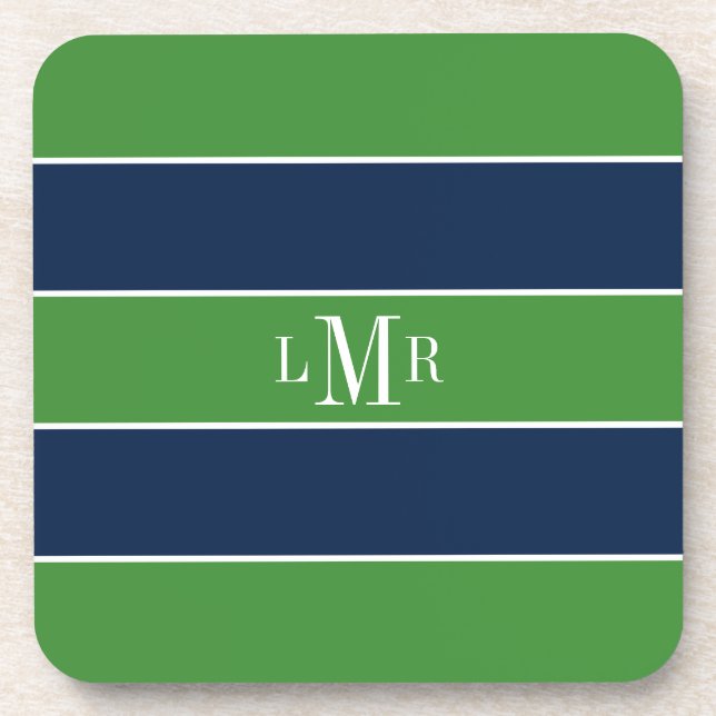 Green and Blue Stripes and Monogram Coaster (Front)