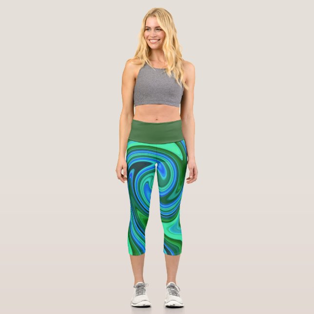 Green and Blue Swirl - Cool Abstract Psychedelic Capri Leggings (Front)