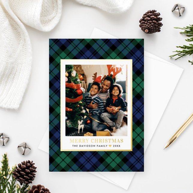 Green and Blue Tartan Plaid Christmas Photo Gold Foil Holiday Card (Creator Uploaded)