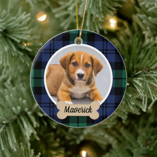Green and Blue Tartan Plaid Custom Dog Photo Ceramic Tree Decoration (Tree)