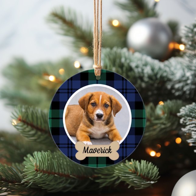 Green and Blue Tartan Plaid Custom Dog Photo Ornament (Creator Uploaded)