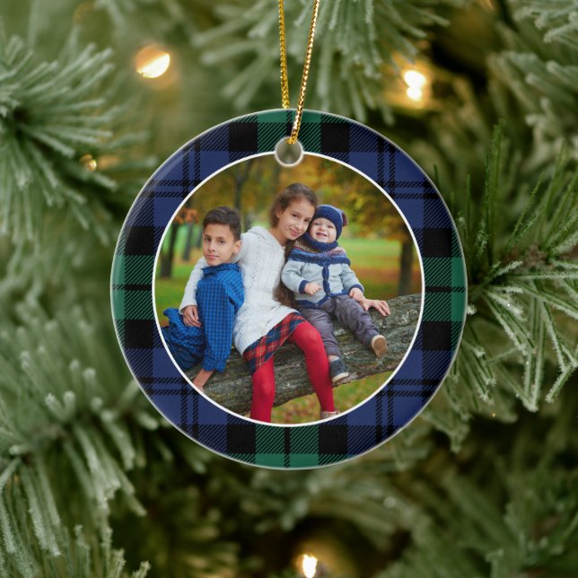 Green and Blue Tartan Plaid Custom Family Photo Ceramic Tree Decoration (Tree)