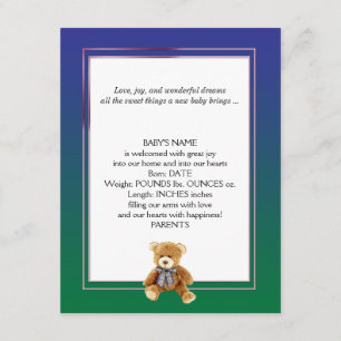 Green and Blue Teddy Bear Baby Announcement