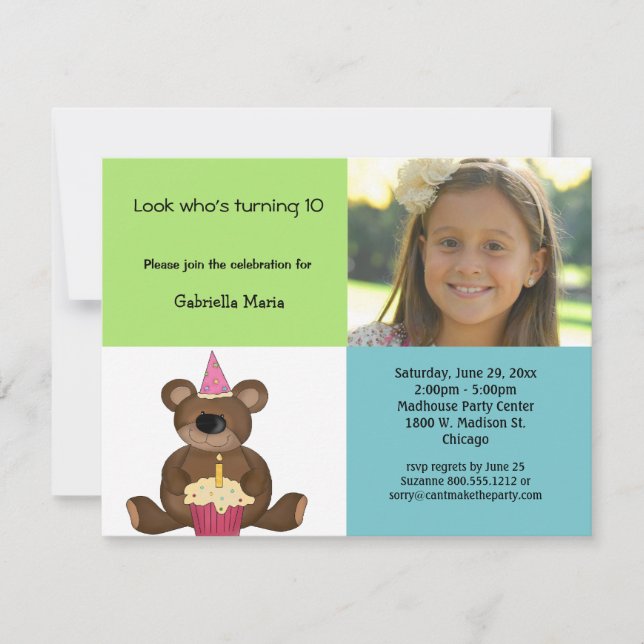 Green And Blue Teddy Bear Photo Invitation (Front)