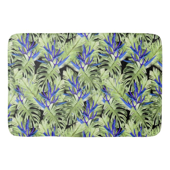 Green and blue tropical plants bath mat (Front)