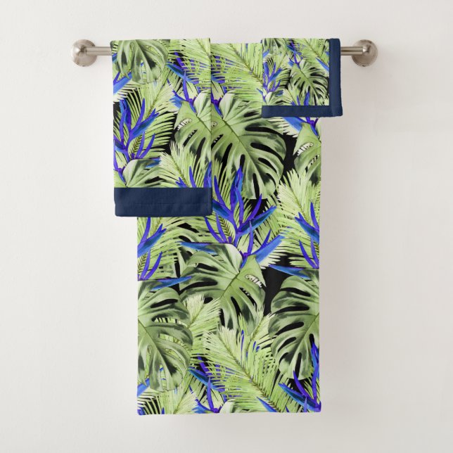 Green and blue tropical plants bath towel set (Insitu)