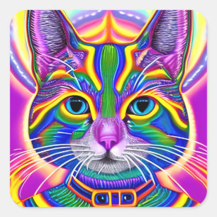 Green and Blue Unique Mystical Kitty Cat Square Sticker