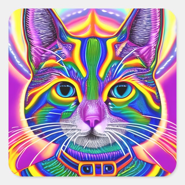 Green and Blue Unique Mystical Kitty Cat Square Sticker (Front)
