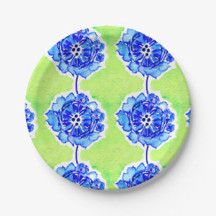 Green and Blue Watercolor Flowers Paper Plate