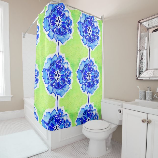 Green and Blue Watercolor Flowers Shower Curtain (In Situ)