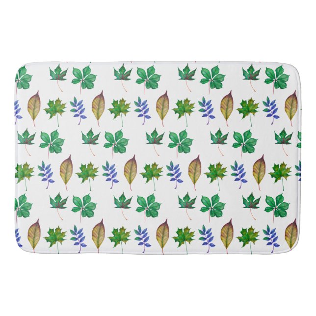 Green and Blue Watercolor Leaves Bath Mat (Front)