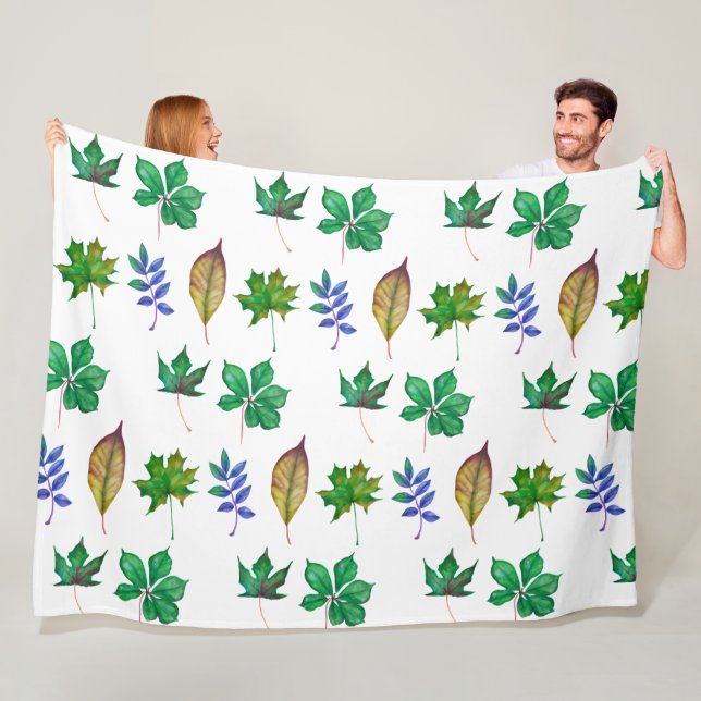 Green and Blue Watercolor Leaves Fleece Blanket (In Situ)