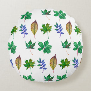 Green and Blue Watercolor Leaves Round Cushion