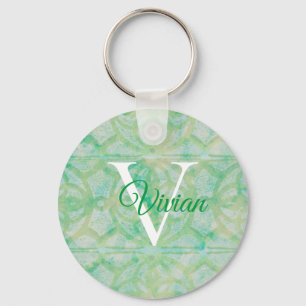 Green And Blue Watercolor Monogram Name Key Ring