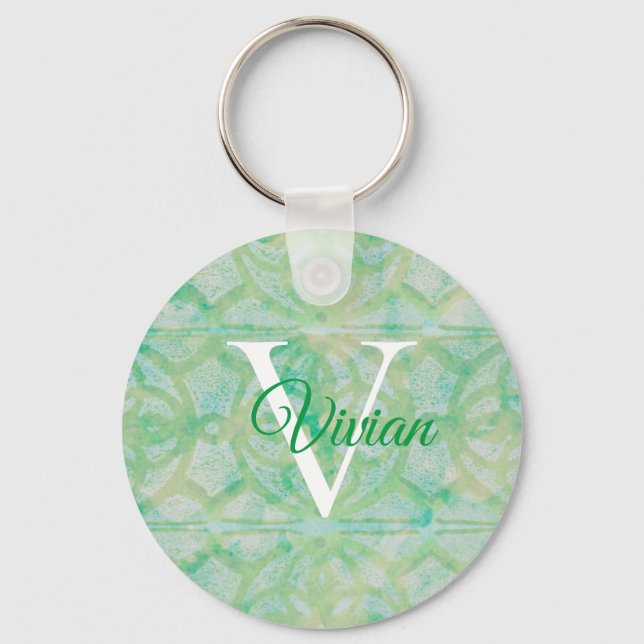 Green And Blue Watercolor Monogram Name Key Ring (Front)