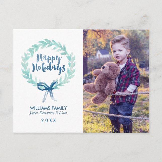 Green and Blue Watercolor Wreath Christmas Photo Holiday Postcard (Front)