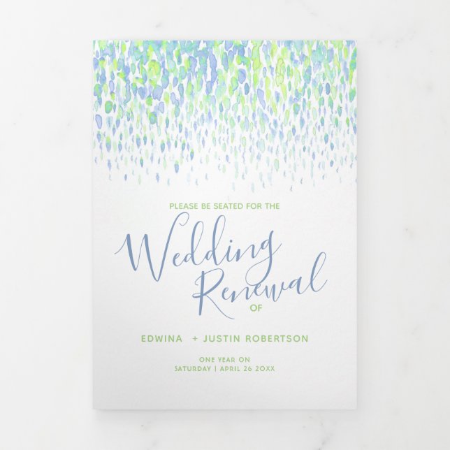 Green and blue wedding renewal ceremony program Tri-Fold programme (Cover)