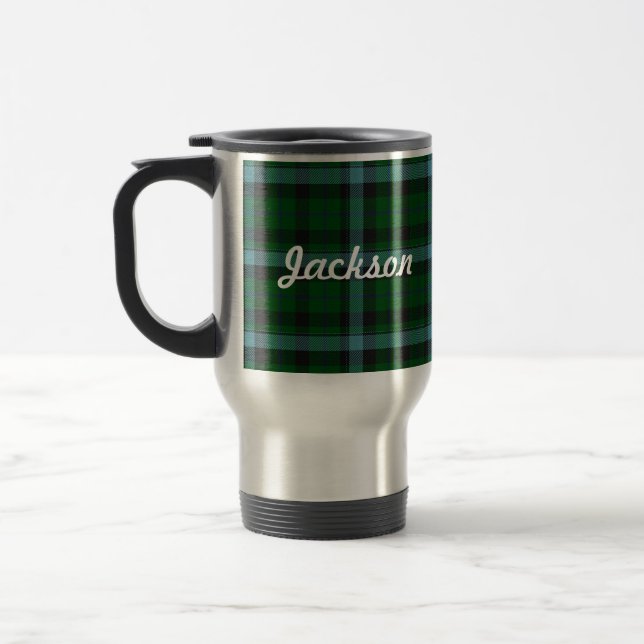 Green and Blues Tartan Plaid Pattern Travel Mug (Left)