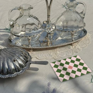 Green and Blush Harlequin Preppy Vintage Wedding Square Paper Coaster