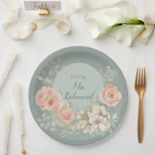 Green and Blush Pink Floral Paper Plate