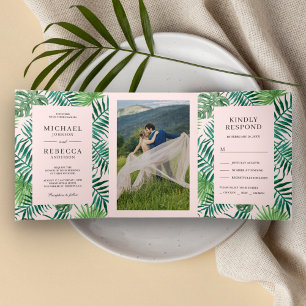Green and Blush Pink Palm Leaves Tropical Wedding Tri-Fold Invitation