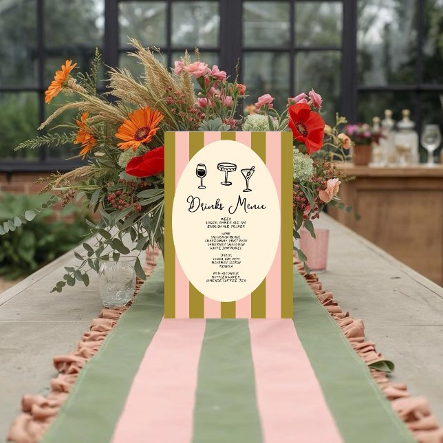 Green and Blush Pink Striped “Drinks Menu” Wedding Poster (Creator Uploaded)
