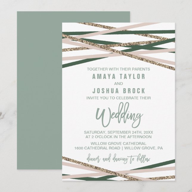 Green and Blush Streamers Wedding Invitation (Front/Back)