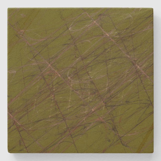 Green and Brow Grunge Fractal Square Stone Coaster (Front)