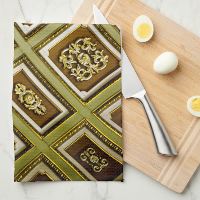 Green and Brown Architecture Print Tea Towel (Quarter Fold)